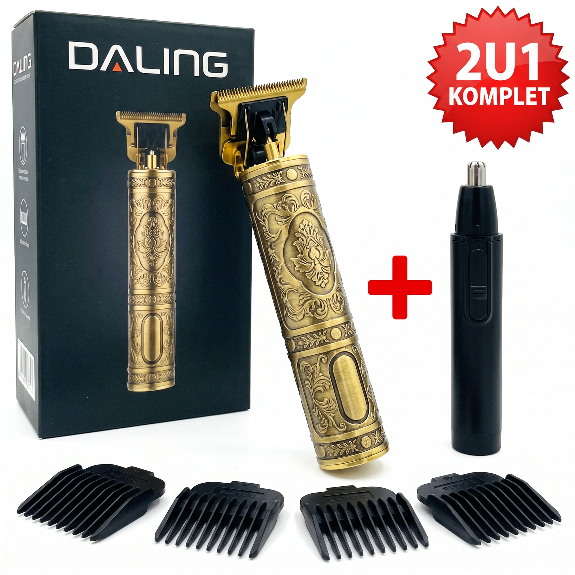 2U1 komplet - vintage zlatna mašinica za šišanje + trimer za nos, sa kutijom i nastavcima